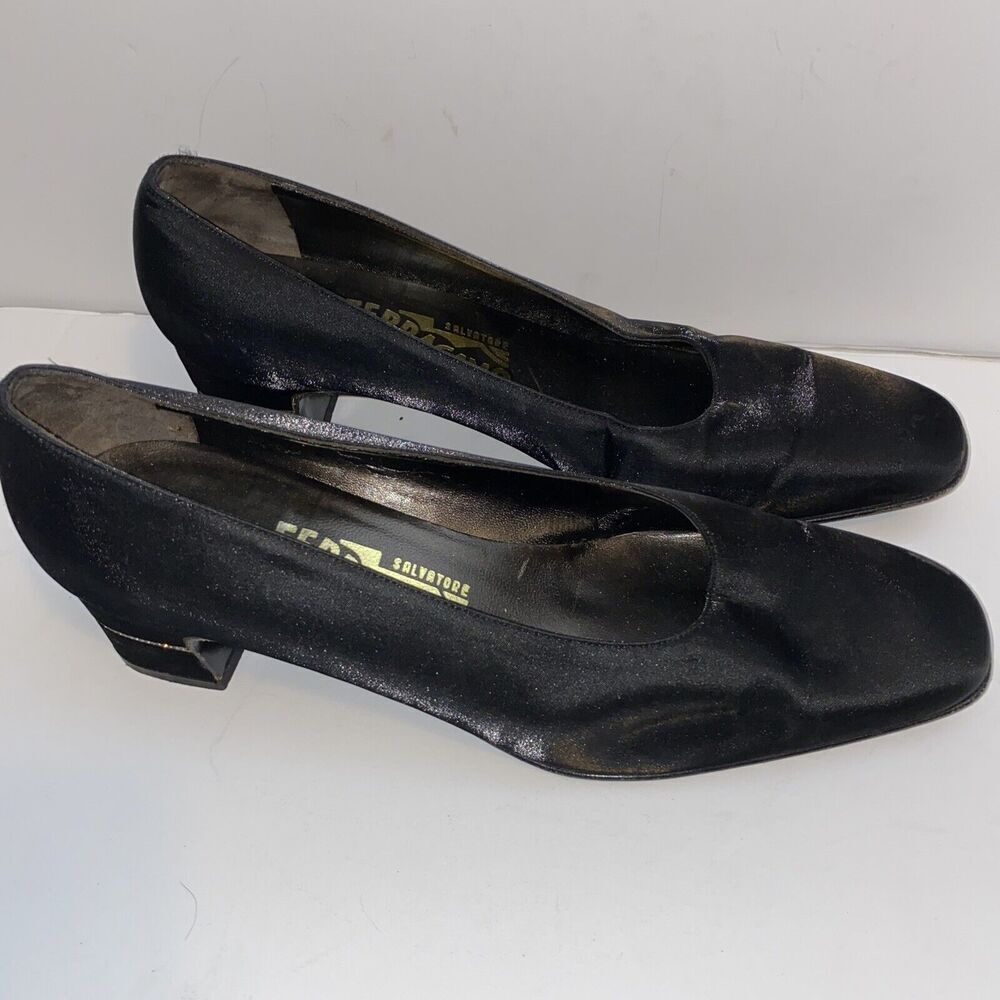 Vintage Salvatore Ferragamo block-heel pumps Black Satin size 8B